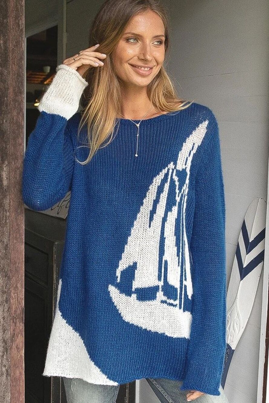 Wooden Ships Sailboat Mohair Nautical Crewneck Sweater S/M Blue and White